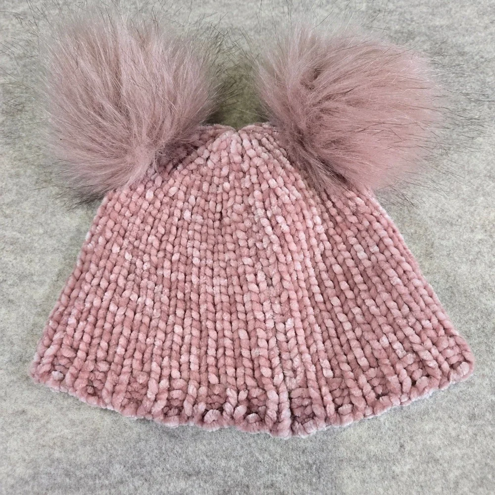 Dusty Rose Chenille Knit Double Pom Pom Beanie Pink Winter Hat
